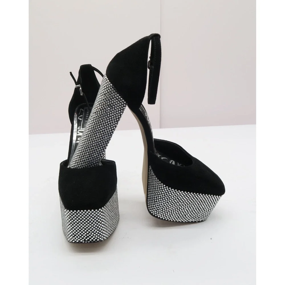 Gianni Bini Rhinestone Platform Heels Black Suede Block Heel Ankle Strap Pumps 8